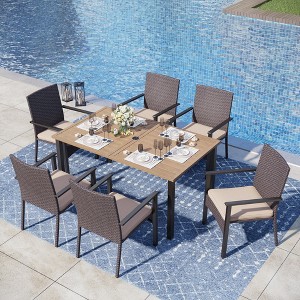 Captiva Designs 7pc Patio Wood-look Slatted Top Steel Table with Umbrella Hole & Cushioned Armrest Rattan Chairs - 1 of 4
