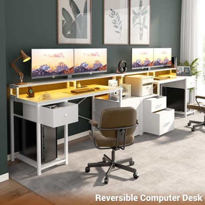 Aheaplus 59'' Computer Desk with 3 Drawers and Led Lights, Home Office Desk with File Drawer & Power Outlet