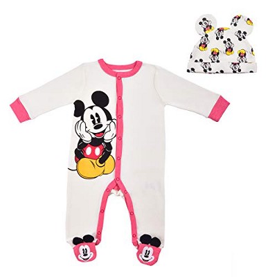 Disney Boy's Mickey Mouse Footed Baby Coverall Jumpsuit and Hat with 3D Ears for infant
