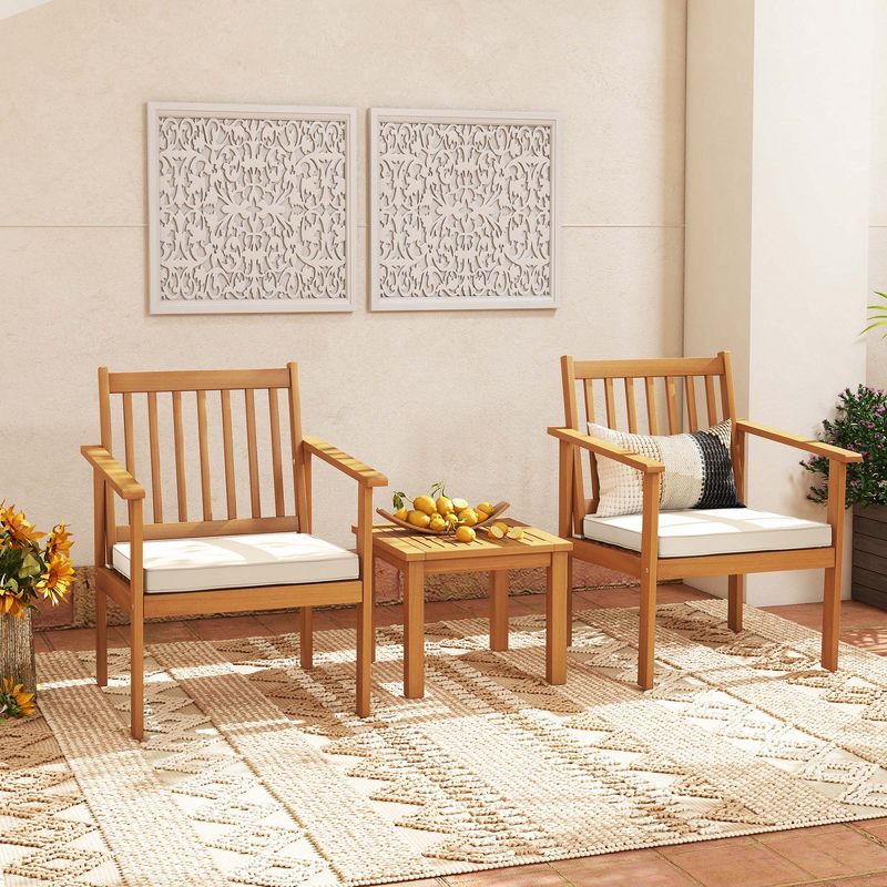 Costway 3 PCS Patio Wood Furniture Set Acacia Wood Chairs & Coffee Table with soft Cushions Grey/White, 2 of 10