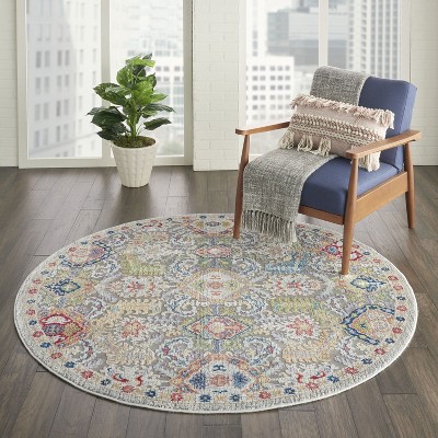 Global Vintage Easy Care 6' Round Grey Synthetic Area Rug
