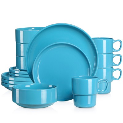 vancasso 16 Piece Blue Ceramic Porcelain Dinnerware Tableware Dinner Set with Dinner Plate, Dessert Plate, Bowl, Mug Set