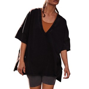 EXLURA Women's Casual Oversized V Neck T-Shirts Tops Reversible Athletic Workout Crew Neck Fashion Trendy Tee - 1 of 4