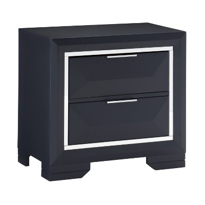 Vynxaria Modern 1pc Nightstand - Midnight Blue Finish, 2 Drawers (Metal Glides), Beveled Acrylic Trim, Chrome Tone Edge Pulls