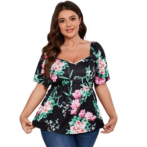 YESFASHION Plus Size Summer Tunic Tops for Women Sweetheart Neck Ruffle Short Sleeve Casual Puff Hemline Blouses - 1 of 4