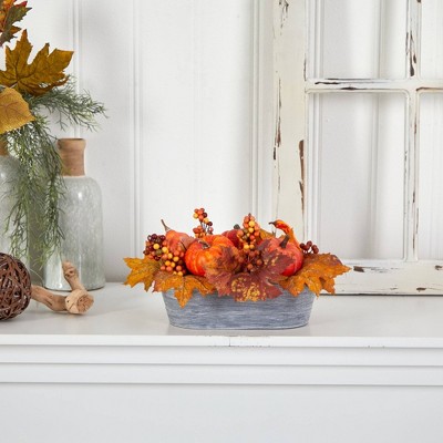 Rustic Fall Pumpkin and Berries Arrangement in Washed Wood Vase