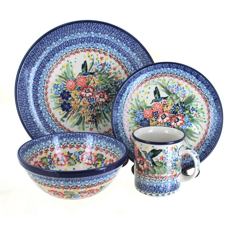 Blue Rose Polish Pottery Hummingbird 4 Piece Place Setting - Service for 1 with Small Coffee Mug, 1 of 2