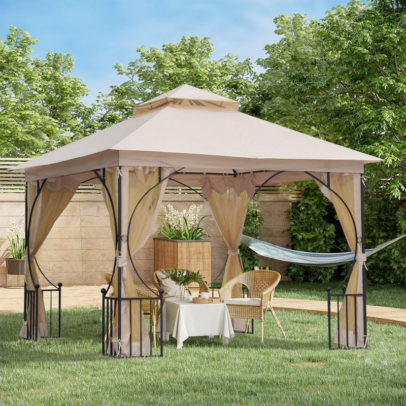 Outsunny 10' x 10' Patio Gazebo Canopy Outdoor Pavilion with Mesh Netting SideWalls, 2-Tier Polyester Roof, & Steel Frame, 2 of 8