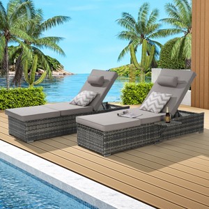 Outdoor Recliner Set of 2,Rattan Recliners With Adjustable Backrest,Table And Cushion,Recliner With Storage For Poolside-Cuddlewood - 1 of 4