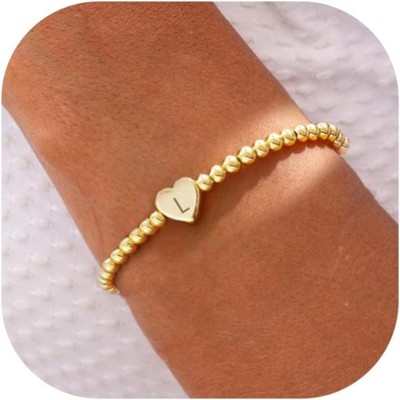 Beaded Bracelets for Women Dainty Heart Initial Bracelet Letter A-Z Charm Bracelet for Women Stretch