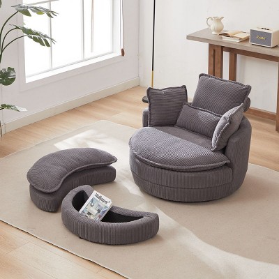360° Swivel Chair Corduroy Upholstered Accent Chair with Moon Storage Ottoman,38"W Oversized Accent Barrel Armchair with 4 Pillows-Cuddlewood