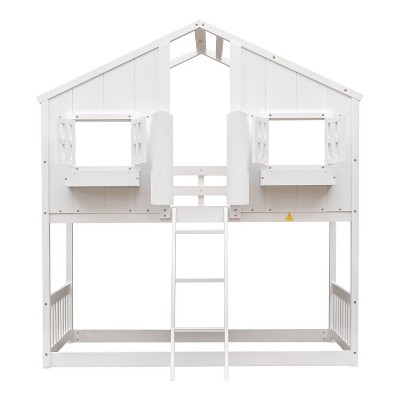 NicBex Twin Over Twin House Bunk Bed with Roof,Window,Ladder and Safety Guardrail for Kids,Girls,Boys