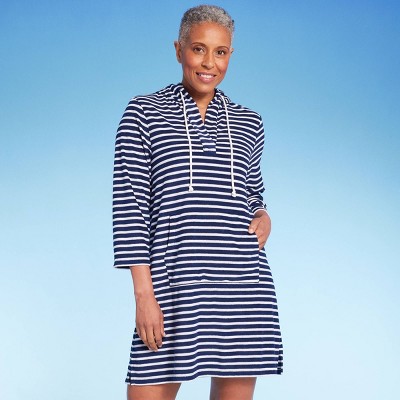 Lands' End Women's Striped V-neck Terry Hooded Swimsuit Cover Up