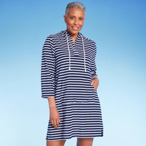 Lands' End Women's Striped V-Neck Terry Hooded Swimsuit Cover Up - Navy Blue/White - 1 of 4