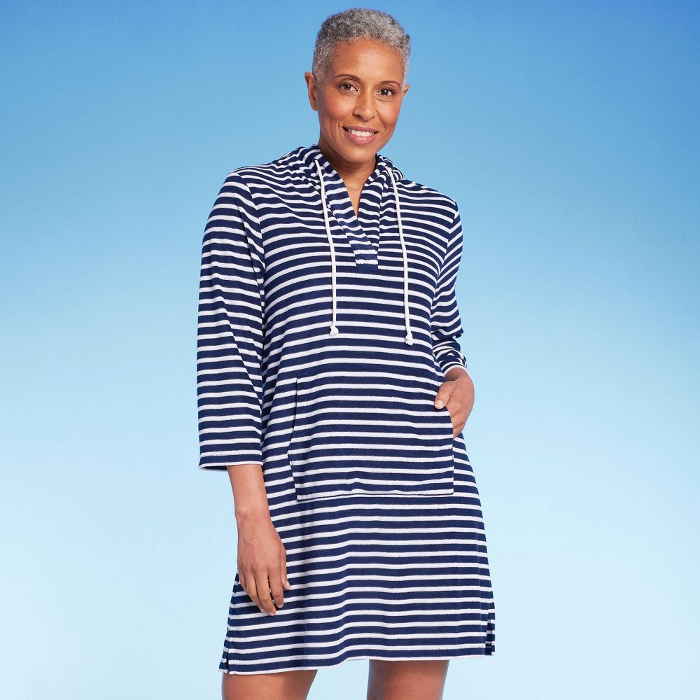 Photos - Swimwear Lands End Lands' End Women's Striped V-Neck Terry Hooded Swimsuit Cover Up - Navy Bl 