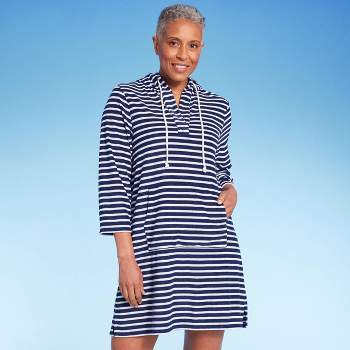 Lands' End Women's Striped V-Neck Terry Hooded Swimsuit Cover Up - Navy Blue/White