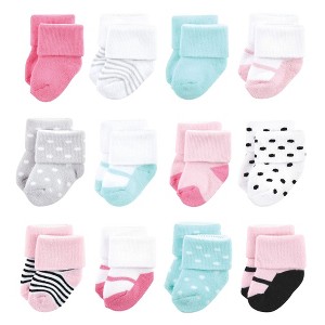 Luvable Friends Baby Girls Newborn and Baby Terry Socks, Mint Pink Mary Janes 12-Pack - 1 of 4