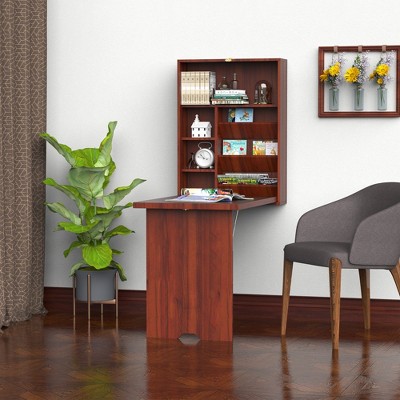 Compact Mahogany Wall-Mounted Convertible Desk with Storage