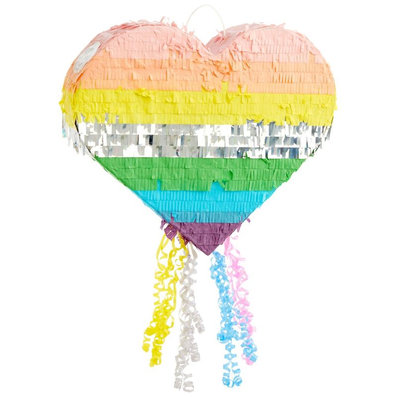 Sparkle and Bash Pull String Rainbow Heart Pinata for Pastel Birthday Party Decorations, Small, 15.7 x 13 x 3 In, 1 of 9