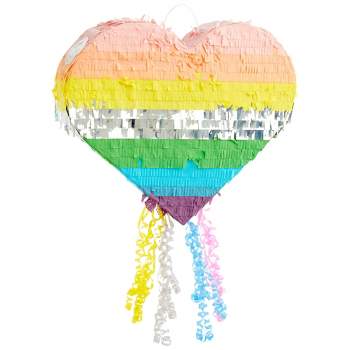 Sparkle and Bash Pull String Rainbow Heart Pinata for Pastel Birthday Party Decorations, Small, 15.7 x 13 x 3 In