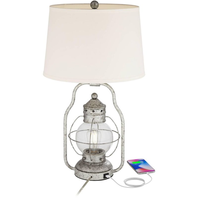 Franklin Iron Works Rustic Farmhouse USB Lamp with Table Top Dimmer and Nightlight LED 26" High Silver Off White Linen Glass Living Room, 3 of 10