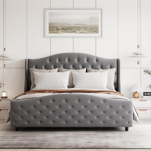 Queen Size Bed Frame, Tufted Upholstered Bed Frame with Headboard & Footboard, Button Tufted and Rivets Decor, No Box Spring Needed - 1 of 4