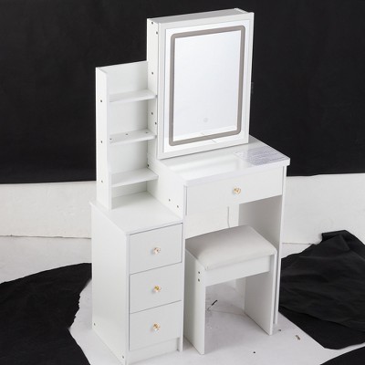 Vynxaria 29.2" Small Bedside Vanity Table with Cushioned Stool & Adjustable