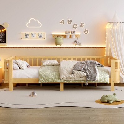 JUJABU Twin XL Size  Wood Platform Bed for Kids, with Safety Guardrails & Detachable Fence