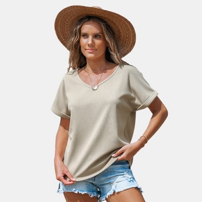Women's Taupe Cut Out Back Short Sleeve V-Neck Tee -Cupshe