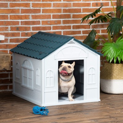 PawHut Plastic Dog House, Water-Resistant Indoor Outdoor Puppy Shelter with Door, Easy Assembly, for Small & Medium Dogs, Blue - Nertpow