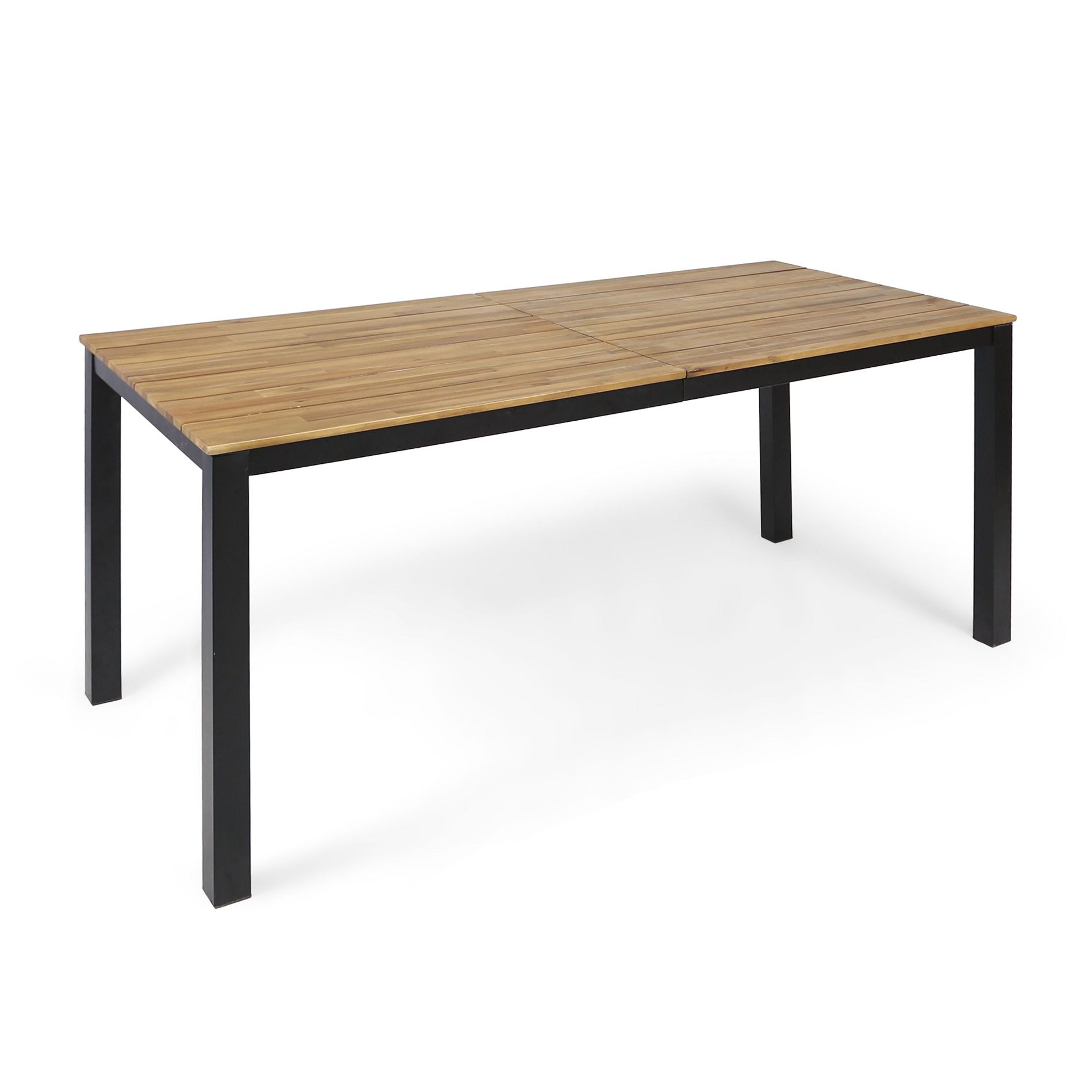 70.75" Patio Dining Table, Teak Acacia Wood Slat Table With Black Iron Leg, Large Capacity Outdoor Dinner Table
