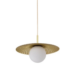 PAKOKULA 1-Light Golden Diffuser Pendant Light with Metal Pleated Gold Shade and White Glass Shade - 1 of 4