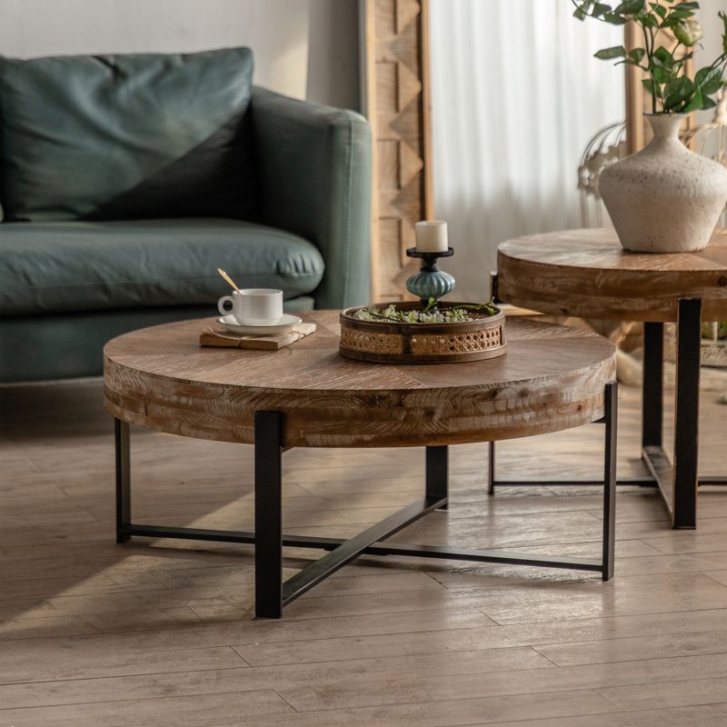 31.29" Modern Retro Splicing Fir Wood Top Round Coffee Table With Cross Legs Metal Base - ModernLuxe, 3 of 11