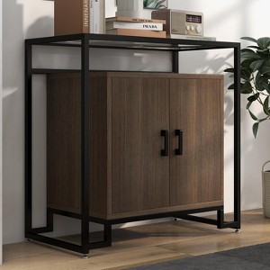 Cabinet with Tempered Glass Top, Modern Farmhouse Buffet Sideboard with Ample Storage Space & Steel Frame for Kitchen, Dining - 1 of 4