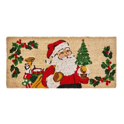 tagltd 1'6"x3'3" Vintage Santa with Green Tree Holly Rectangle Indoor Outdoor Estate Coir Door Mat Multicolored Beige Background