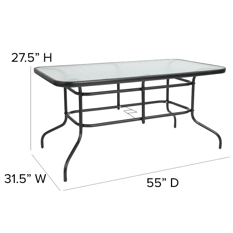 Emma and Oliver 31.5" x 55" Rectangular Tempered Glass Metal Table with Umbrella Hole, 4 of 11