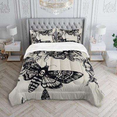 Acoinel 3 Pcs Moth Skull Lightwight Ultra Soft Comforter Set with 2 Pillowcases, White