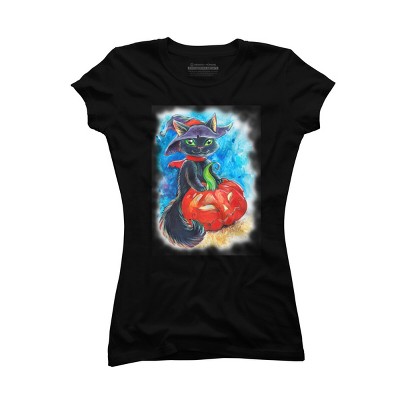 Junior's Design By Humans halloween. the witch cat By POLINART T-Shirt