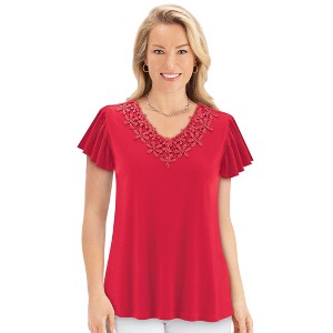 Collections Etc Floral Lace V-Neck Short Flutter Sleeve Top - 1 of 4