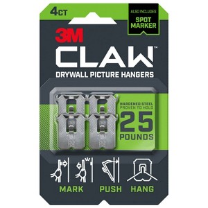 3M 25lb CLAW Drywall Picture Hanger with Temporary Spot Marker + 4 hangers and 4 markers - 1 of 4