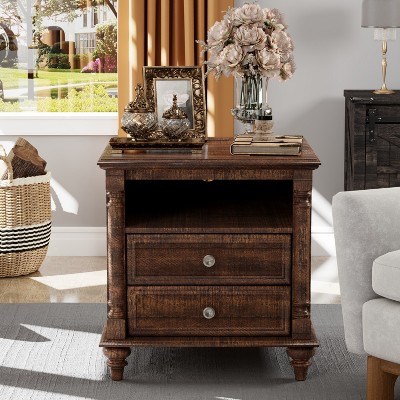 24" Farmhouse Nightstand wtih Charging Station, Square End Table Side Table with 4 Solid Wood Feet &  2 Drawers for Living Room, Bedroom