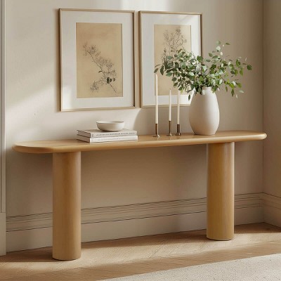 70" Narrow Console Table,Modern Wood Console Table With Double Pedstal,Grain Paper Console Table for Entryway,Living Room-Tanpinhause