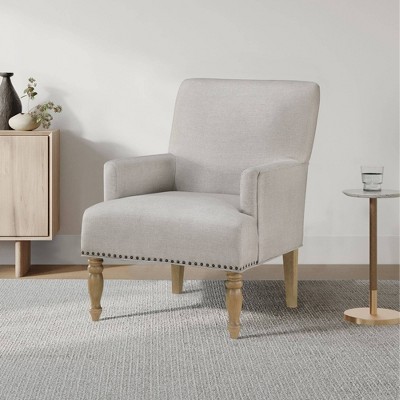 Beige Upholstered Accent Chair with Nailhead Trim and Wood Legs