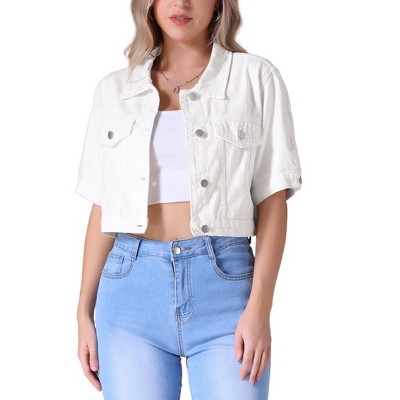 INSPIRE CHIC Women's Short Sleeve Button Up Frayed Washed Denim Jacket