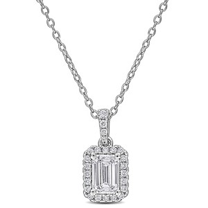EVERLY JEWELRY | Sterling Silver 1 CT TGW Emerald and Round-Cut Lab-Grown Diamond Halo Pendant with Chain, 17-inch - 1 of 4