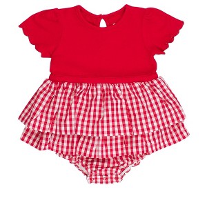 RuffleButts Baby Girls Mixed Media Short Sleeve Skirted Romper - 1 of 4
