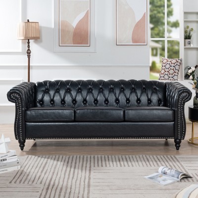 84.65" Chesterfield Sofa,Couch Upholstered Sofa Rolled Arm Sofa with Wood Legs for Living Room