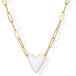 14K Gold Plated Heart Enamel Pendant Necklace, Paperclip Chain in Multiple Colors Yellow Gold-White - 1 of 4