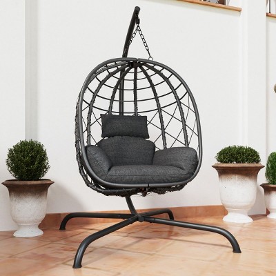 Foldable Rattan Hammock Chair,PE Rattan Hammock Chair with Cushion for Indoor Outdoor,Hanging Hammock Chair for Patio Balcony Garden-Coolbibila