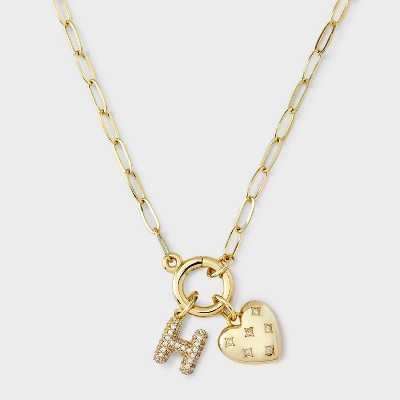14K Gold Dipped Cubic Zirconia Puffy Heart Charm Initial Necklace - A New Day™ Gold